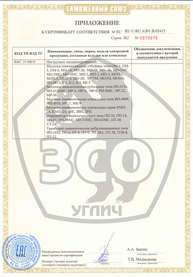 Приложение к сертификату соответствия ТС ЗСО Углич